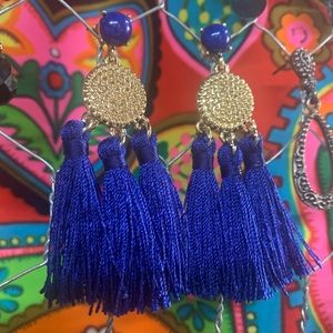 Blue and Gold Tassel Statement Earring